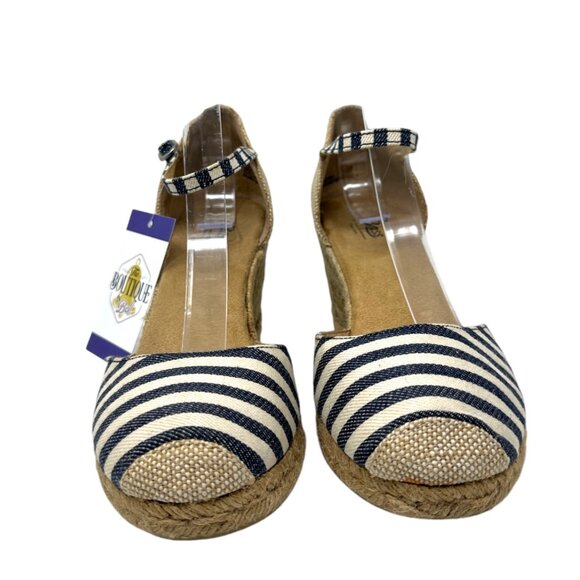 Bass Womens 10 Emelia Blue White Striped Wedge Espadrilles Slingback Heels - Picture 2 of 14